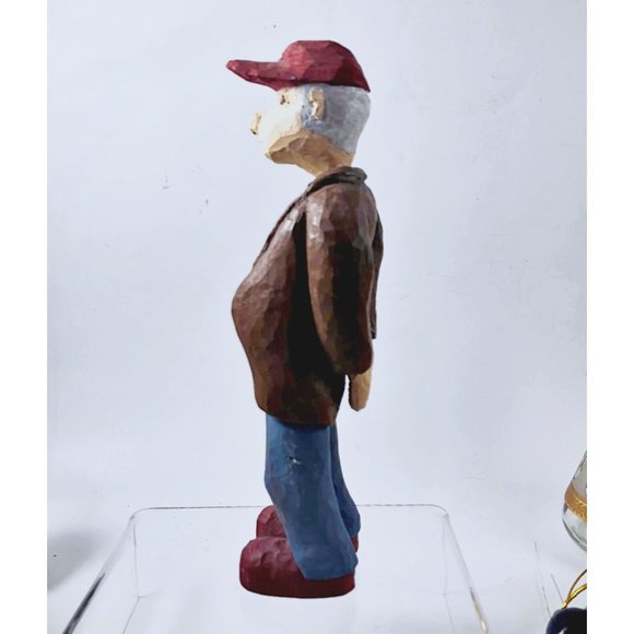 Hand carved Wood Folk Art Grandfather 7 Inches Overalls Coat Baseball Red Baseba - Picture 4 of 9